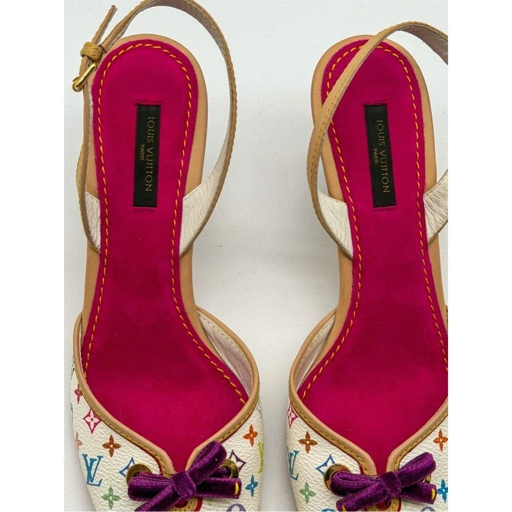 Louis Vuitton Takashi Murakami Vintage White Monogram Slingback Heels EU 38 US 8